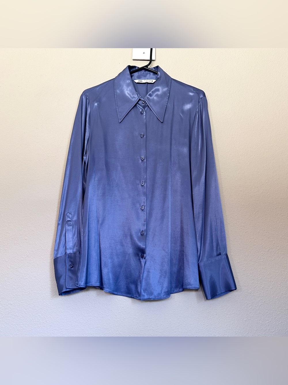 ZARA Blue Satin Effect Button Down Top Womens